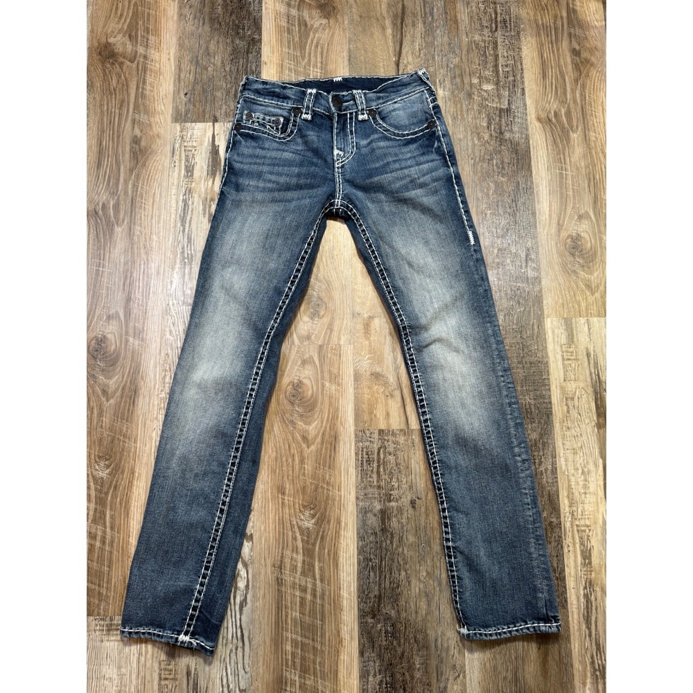 True Religion Jeans Ricky Mens 28x32 Medium Wash Relaxed Straight White T Stitch